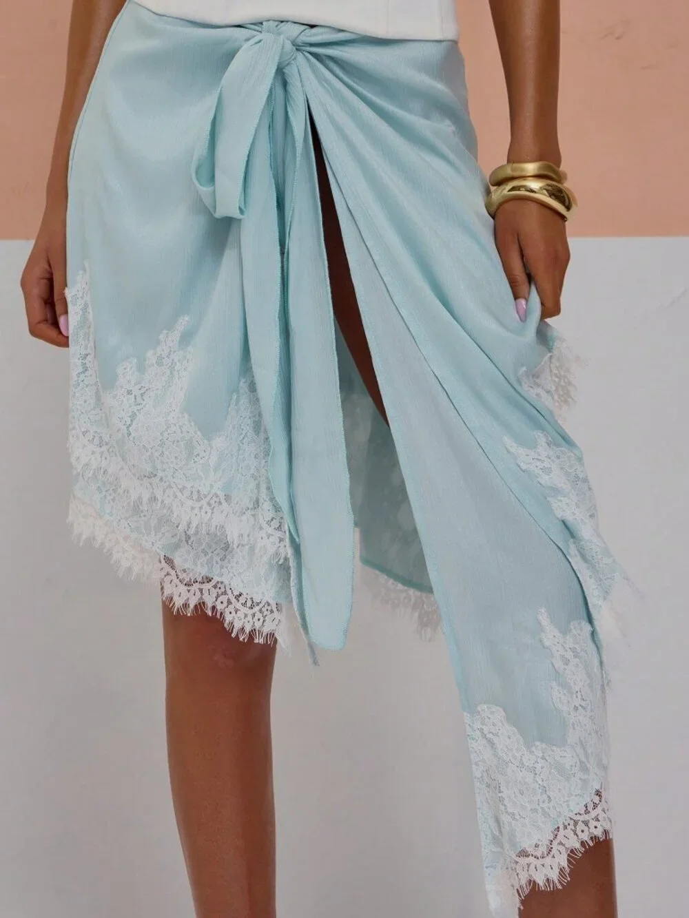 Blue Elegant Women's Lace Trim Tie Asymmetrical Wrap Satin Skirt